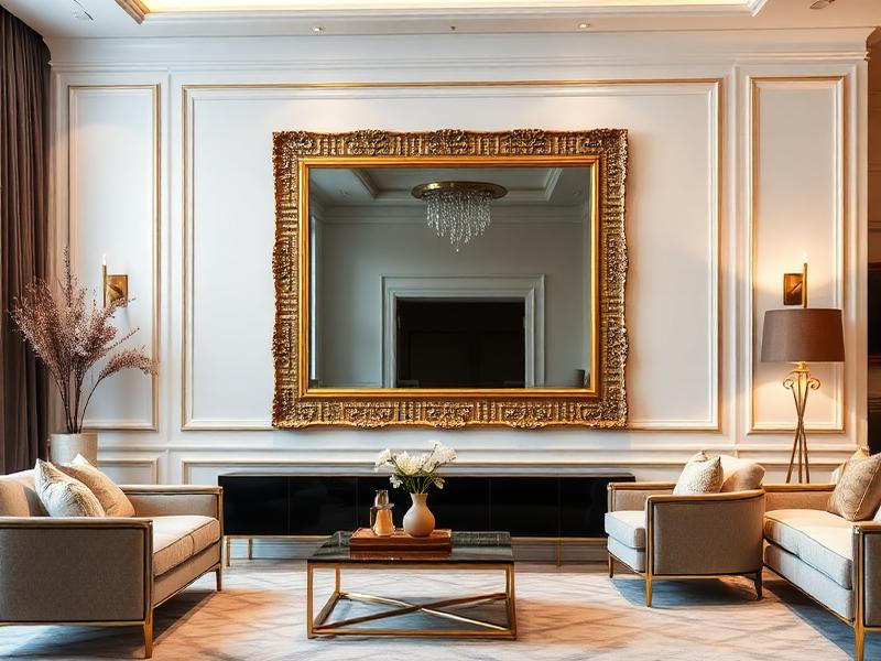 Espelho decorativo com moldura dourada em sala elegante